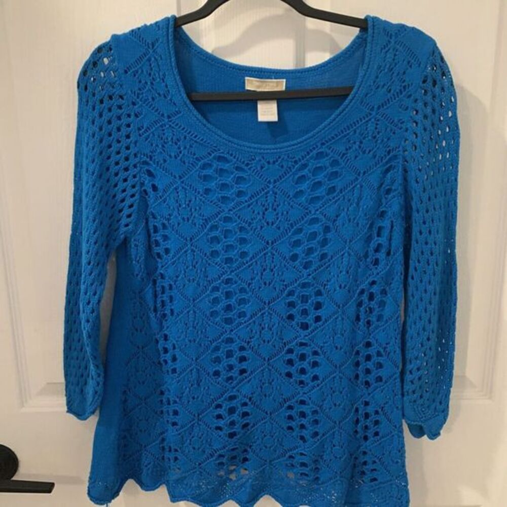 Christina‎ Women's Crochet Sweater Size LP Blue 3/4 Sleeves Lined Front